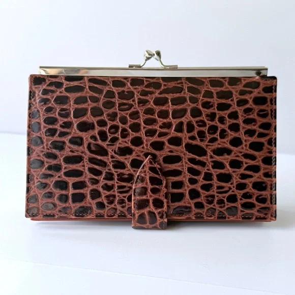 J. Peterman Brown Crocodile-Embossed Italian Leather Clutch / Wallet - Picture 3 of 13